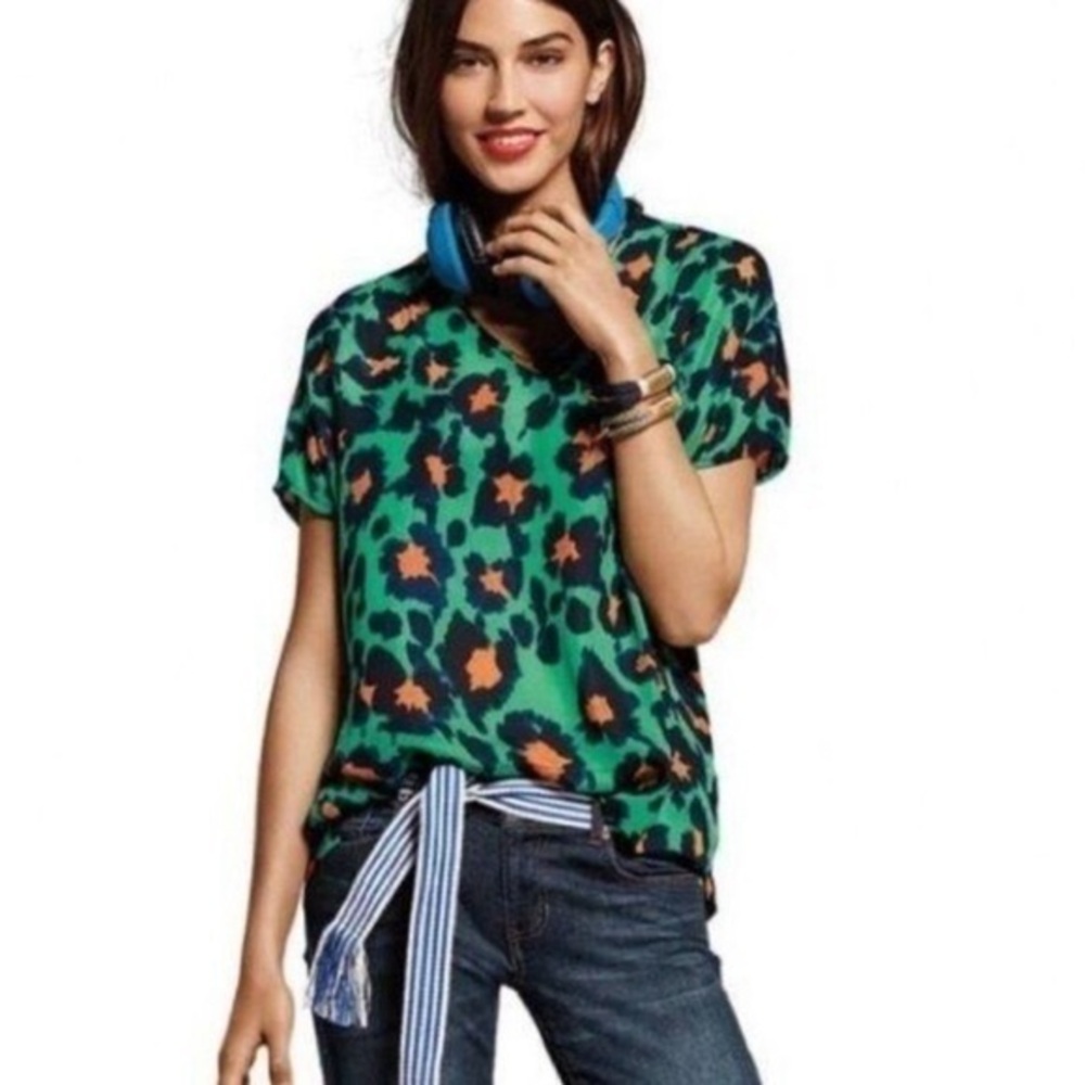 Cabi Green Leopard Print Oversized Short Sleeve Blouse Size XXS Size XS Oversize